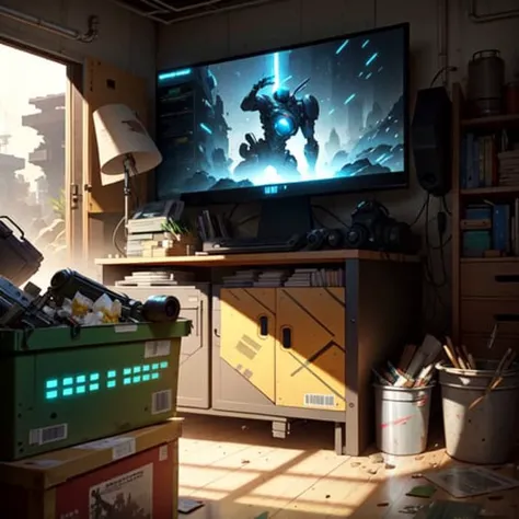 Wide angle Environmental shot in a cluttered and messy shack , action shot, tattered torn shirt, porcelain cracked skin, league of legends, vibrant, photo realistic, realistic, dramatic, dark, sharp focus, 8k."Robot destroyed to pieces with glowing yelow visor as a realistic scifi cyberpunk knight, medium shot, intricate,unreal engine, cozy indoor lighting, artstation, detailed, "james gurney, katsuhiro otomo, james paick, cinematic lighting, vibrant nature, Craig Mullins, Greg Rutkowski, Pete Morbacher, Tuomas Korpi, tekkon kinreet, volumetric light, trending on artstation, octane rendering.", trending on artstation, sharp focus, studio photo, intricate details, highly detailed, by greg rutkowski