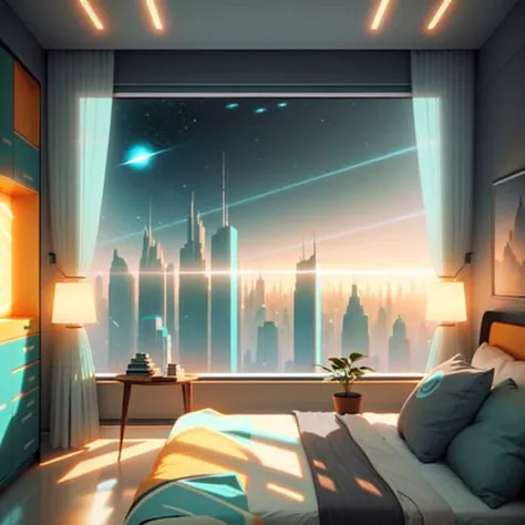 a gorgeous sci - fi bedroom matte painting by john harris, sparth and greg rutkowski. sharp edges, tiffany blue, grey orange, white and golden. sci - fi bedroom in a space base, outside the windows a future city skyline, light effect. ultra clear detailed, 3 d, octane render. 8 k