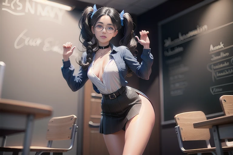 1woman, teacher,  high heels, open shirt. standing, near the blackboard, (near students), (students seated:1.2), (students raising arms), from behind, (realistic:1.5),photorealistic, octane render,hyperrealistic, wide hips, slim fit, wearing a short blak skirt, perfect butt, white open shirt,(photorealistic face:1.2), collar,(medium breasts:1.1),thick eyelashes,long eyelashes,(twin tails:1.1),(dark hair:1.1), glasses, hair ribbon,choker,best quality, streaked hair, half smile, (looking at viewer),sharp focus, (4k),(Masterpiece), (Best Quality), fantasy, extremely detailed, intricate, hyper detailed, (perfect face), illustration,soft lighting,(specular lighting:1.4),blue eyes,absurdly