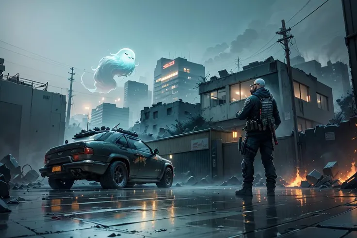(extremely detailed CG unity 8k wallpaper), (masterpiece), (best quality:1.2), (highres), (illustration:1.1), (cinematic light:1.1), finely detailed, intricate details, (best illustration), 8k resolution, intricate details, best quality, realistic, ultra-detailed, best illumination, best shadow, ultra-HD, cryengine, ultra hd, (detailed reflection), detailed shadows, (((intricate details))), smooth, ((perfect shading)), high quality metal texture, metallic luster, highly detailed illustration, (semi realistic:1.6), (wide_shot:1.2), a futuristic city , fire explosion in distance, smoke rising over skyscrapers after nuclear explosion at , wet road, puddle, (((ghost recon inspired))), street view, dynamic camera angle, (warzone), (((high quality detailed ruins))), (depth of field), ((cinematic lighting)), ((horror)), ((dark fantasy)), lovecraftian, spot color, monotone, red, splashing blood, (best illumination), (hyper intricate details), ((ultra-detailed)), 4k unity, (extremely detailed CG:1.2), (8k:1.1), ((landscape view)), Artstation, ((by sui ishida, by Wenjun Lin, by stefan morrell)), dystopian art, apocalypse art, ((semi-realistic)), (realism), (dynamic), (nixeu_basic2:0.5),