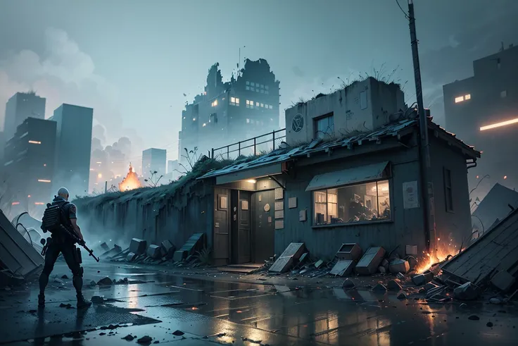 (extremely detailed CG unity 8k wallpaper), (masterpiece), (best quality:1.2), (highres), (illustration:1.1), (cinematic light:1.1), finely detailed, intricate details, (best illustration), 8k resolution, intricate details, best quality, realistic, ultra-detailed, best illumination, best shadow, ultra-HD, cryengine, ultra hd, (detailed reflection), detailed shadows, (((intricate details))), smooth, ((perfect shading)), high quality metal texture, metallic luster, highly detailed illustration, (semi realistic:1.6), (wide_shot:1.2), a futuristic city , fire explosion in distance, smoke rising over skyscrapers after nuclear explosion at , wet road, puddle, (((ghost recon inspired))), street view, dynamic camera angle, (warzone), (((high quality detailed ruins))), (depth of field), ((cinematic lighting)), ((horror)), ((dark fantasy)), lovecraftian, spot color, monotone, red, splashing blood, (best illumination), (hyper intricate details), ((ultra-detailed)), 4k unity, (extremely detailed CG:1.2), (8k:1.1), ((landscape view)), Artstation, ((by sui ishida, by Wenjun Lin, by stefan morrell)), dystopian art, apocalypse art, ((semi-realistic)), (realism), (dynamic), (nixeu_basic2:0.5),