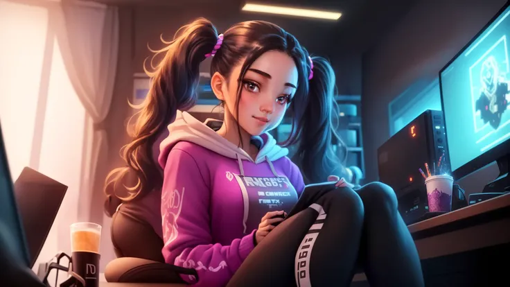 gamer girl sitting in a dark gamer room in front of an intricate desk, expensive gaming-pc, 25-years-old, masterpiece, RGB, intricate detail, vibrant, contrast, Twitch (livestream), microphone, camera, filigree, ultra sharp, light particles, light rays, cute, perfect feminine face, Stunningly attractive, (playful), 8k, vaporwave, (cozy), tech, love, happy, rule of thirds, hoodie and leggings, sporty, fit, twin pigtails, frequency, tea cup, desk accessories