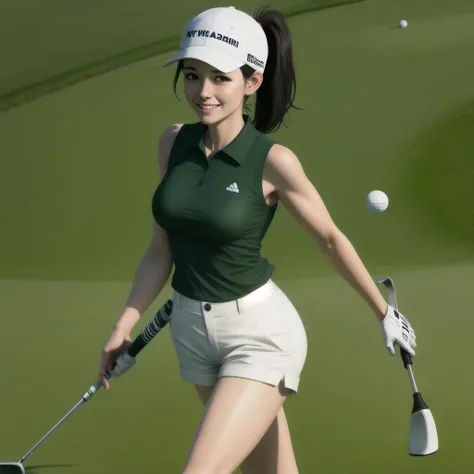 1woman, 30 years old, walking to the hole, near the flag in the green, full body, playing golf, golf course, nice, short dark hair, white cap, ponytail, smiling, looking at viewer, cute face, holding a golf club, white open shirt, sleeveless, perfect butt, narrow waist, very short pants, big breasts, from above, centered