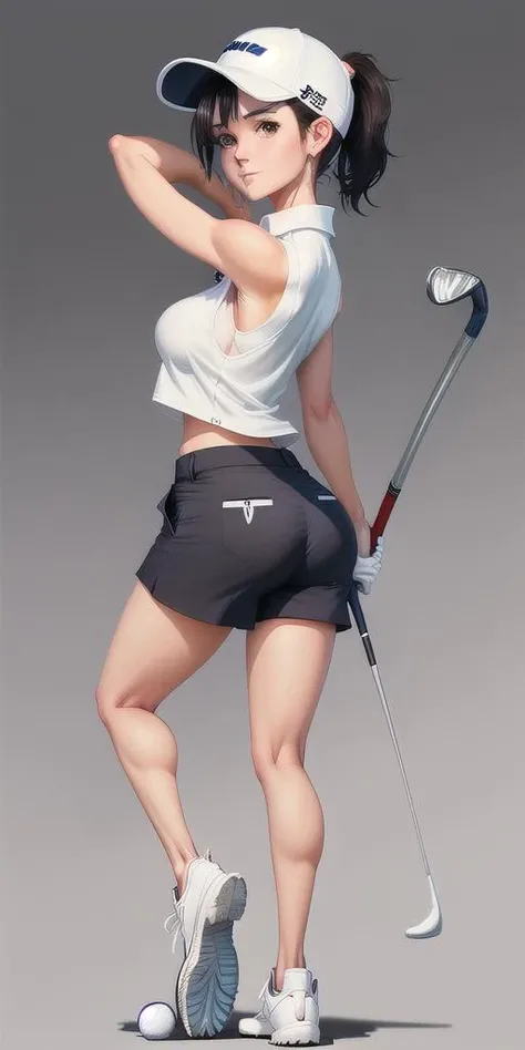 nice woman, standing with open legs, forward-leaning, full body,  playing golf, golf course,  looking at viewer, short dark hair, white cap, ponytail, half smile, cute face, holding a golf club, white open shirt, sleeveless, perfect butt, narrow waist, very short pants, spread legs, big breasts,  from behind