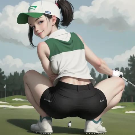 1woman, bending down to pick up the ball from the hole, forward-leaning, near the flag in the green, full body,  playing golf, golf course, nice, short dark hair, white cap, ponytail, smiling, looking at viewer, cute face, holding a golf club, white open shirt, sleeveless, perfect butt, narrow waist, very short pants, spread legs, butt elevated, big breasts,  from behind
