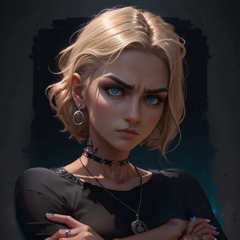 ((masterpiece, best quality)), to8contrast style, (tukudani) with blonde disheveled hair and piercings, togue out, with a dark and a black background, Charlie Bowater, stanley artgerm lau, a character portrait, sots art, sharp focus, smooth, aesthetic, extremely detailed, octane render, 1girl, (defiance512:1.4) black_choker, blue_eyes, blurry, choker, earrings, jewelry, lips, nose, piercing, realistic, short_hair, solo, dark industrial background, rtx, upper body, dark makeup, elegant pose, rock clothes, tattoo on arm, leather shirt, navel, beautiful detailed glow, detailed, Cinematic light, intricate detail, highres, detailed facial features, high detail <lora:theovercomer8sContrastFix_sd15:0.55><lora:tukudaniCokeButa_vNotErasingAll:0.55>