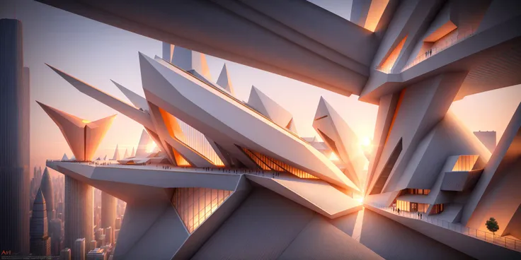 futuristic architecture visualization, giant museum, Avant-garde design, geometric shape design, sunset, Vray rendered, ray tracing rendered, intricate, highly detailed, 8K, HDR, highest quality, sharp focus, photorealism