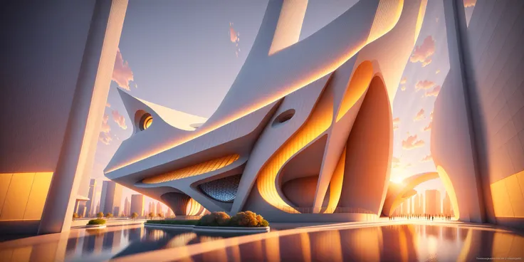 futuristic architecture visualization, giant museum, Avant-garde design, geometric shape design, sunset, Twinmotion Rendered, ray tracing rendered, intricate, highly detailed, 8K, HDR, highest quality, sharp focus, photorealism