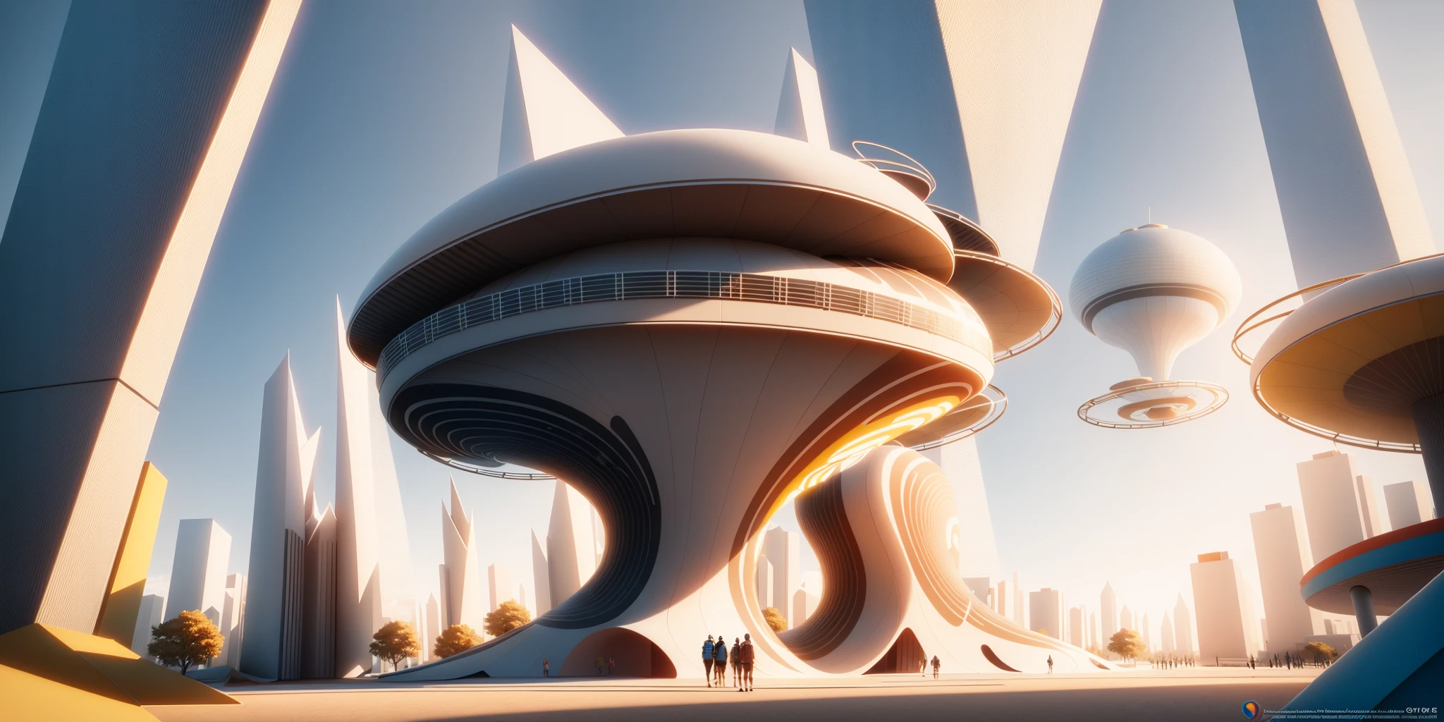 futuristic architecture visualization, large playground, Avant-garde design, big curve design, afternoon, Twinmotion Rendered, ray tracing rendered, concise, highly detailed, 8K, HDR, highest quality, sharp focus, photorealism