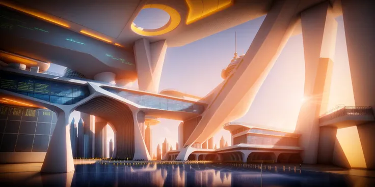futuristic architecture visualization, huge airport, Avant-garde design, geometric shape design, dawn, UE5 rendered, ray tracing rendered, intricate, highly detailed, 8K, HDR, highest quality, sharp focus, photorealism