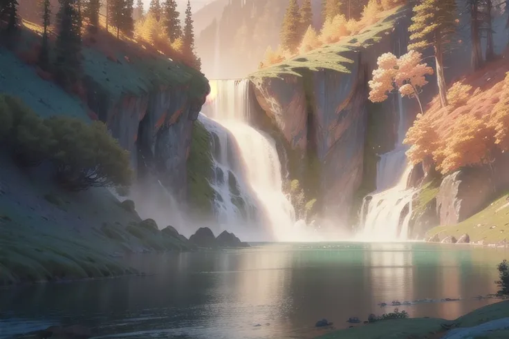 landscape,water,(extremely detailed CG unity 8k wallpaper), (waterfall:1.2), outdoors, water, tree, landscape, forest, river, fog, grass, most beautiful artwork in the world,professional majestic, intricate, High Detail, Sharp focus, dramatic, photorealistic painting art <lora:conceptart_e3:1>