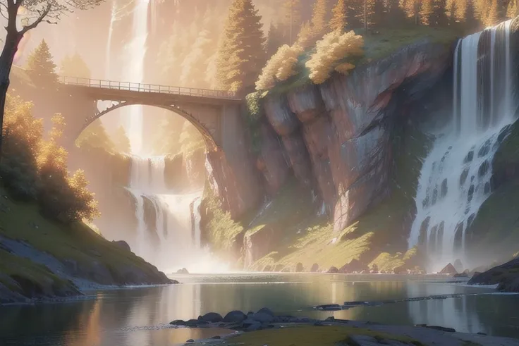 landscape,water,(extremely detailed CG unity 8k wallpaper),  (waterfall:1.2), outdoors, water, tree, landscape, forest, river, fog, grass, most beautiful artwork in the world,professional majestic, intricate, High Detail, Sharp focus, dramatic, photorealistic painting art <lora:conceptart_e3:1>