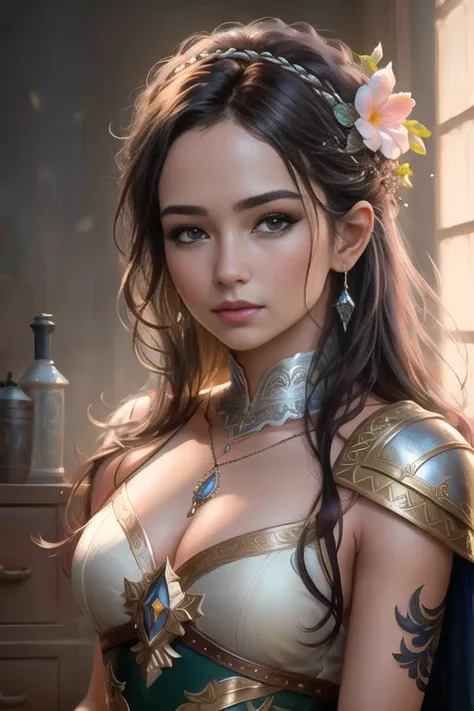 modelshoot style, (extremely detailed CG unity 8k wallpaper), full shot body photo of the most beautiful artwork in the world, medieval armor, professional majestic oil painting by Ed Blinkey, Atey Ghailan, Studio Ghibli, by Jeremy Mann, Greg Manchess, Antonio Moro, trending on ArtStation, trending on CGSociety, Intricate, High Detail, Sharp focus, dramatic, photorealistic painting art by midjourney and greg rutkowski, nixeu_soft,(close portrait:1.3),(Feminine:1.4),(beautiful:1.4),(attractive:1.3),handsome,calendar pose,perfectly detailed eyes,studio lighting,thematic background