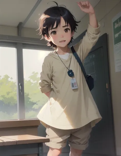 A happy playing with toys in class room, simple art inspired by studio ghibli's visual style, Baroque oil painting anime key visual full body portrait character concept art, brutalist grimdark fantasy, kuudere noble dictator, trending pixiv fanbox, rule of thirds golden ratio, by greg rutkowski wlop makoto shinkai takashi takeuchi studio ghibli jamie wyeth