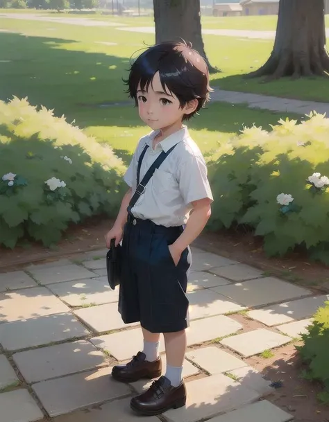 A happy little boy playing with toys under a tree, simple art inspired by studio ghibli's visual style, Baroque oil painting anime key visual full body portrait character concept art, brutalist grimdark fantasy, kuudere noble dictator, trending pixiv fanbox, rule of thirds golden ratio, by greg rutkowski wlop makoto shinkai takashi takeuchi studio ghibli jamie wyeth