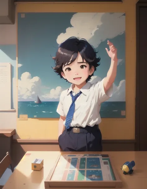 A happy little boy playing with toys in class room, simple art inspired by studio ghibli's visual style, Baroque oil painting anime key visual full body portrait character concept art, kuudere noble dictator, trending pixiv fanbox, rule of thirds golden ratio, by greg rutkowski wlop makoto shinkai takashi takeuchi studio ghibli jamie wyeth