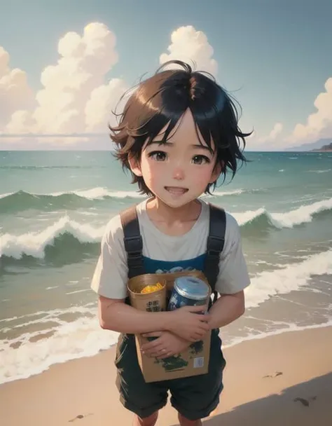 A happy little boy playing with toys on the beach, simple art inspired by studio ghibli's visual style, Baroque oil painting anime key visual full body portrait character concept art, brutalist grimdark fantasy, kuudere noble dictator, trending pixiv fanbox, rule of thirds golden ratio, by greg rutkowski wlop makoto shinkai takashi takeuchi studio ghibli jamie wyeth