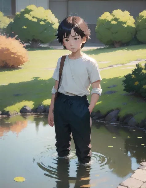 A happy little boy playing with toys by the lake, simple art inspired by studio ghibli's visual style, Baroque oil painting anime key visual full body portrait character concept art,  brutalist grimdark fantasy, kuudere noble dictator, trending pixiv fanbox, rule of thirds golden ratio, by greg rutkowski wlop makoto shinkai takashi takeuchi studio ghibli jamie wyeth
