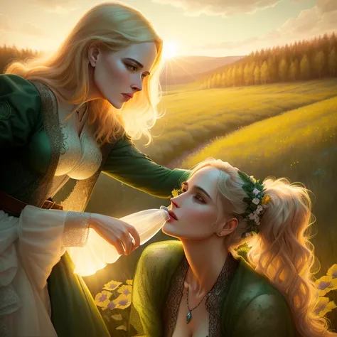 Nicole Kidman Eva Green, bottle, (epic realistic:1,1), detailed, cinematic, hyperrealistic, ((intricate details)), detailed eyes, (hdr:1,7), ((intricate details, hyperdetailed)), digital painting, cinematic lighting, in tall long wildflower field, forest in background, green tress, colorful flowers, sun setting over the horizon of the field