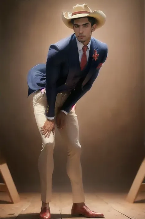 a man, full body portrait, wearing a hat, cow boy style, standing, (leaning forward:1.2), masterpiece, highly detailed, intrincate, sharp focus, smart, handsom, blur background, studio lighting, dark hair, tie, white shirt, smart jacket, red flower on the lapel