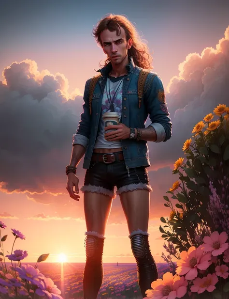 Emmanuel Macron hippy, swpunk, synthwave, (epic realistic:1,1), detailed, cinematic, hyperrealistic, ((intricate details)), detailed eyes, hdr, ((intricate details, hyperdetailed)), digital painting, specular light, subsurface scattering, in tall long wildflower field, colorful flowers, sun setting over the horizon of the field, gta5 cover