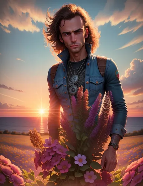 Emmanuel Macron hippy, swpunk, synthwave, (epic realistic:1,1), detailed, cinematic, hyperrealistic, ((intricate details)), detailed eyes, hdr, ((intricate details, hyperdetailed)), digital painting, specular light, subsurface scattering, in tall long wildflower field, colorful flowers, sun setting over the horizon of the field, gta5 cover