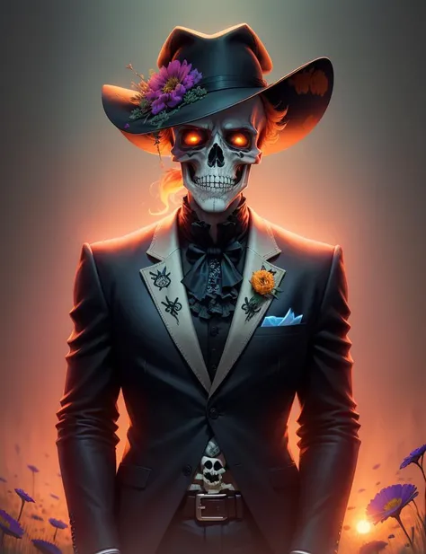 Emmanuel Macron (catrina skeleton:1.2) (dia de muertos:1.2), (ghostly glow:1.2), swpunk, synthwave, (epic realistic:1,1), detailed, cinematic, hyperrealistic, ((intricate details)), detailed eyes, hdr, ((intricate details, hyperdetailed)), digital painting, specular light, subsurface scattering, in tall long wildflower field, colorful flowers, sun setting over the horizon of the field, gta5 cover