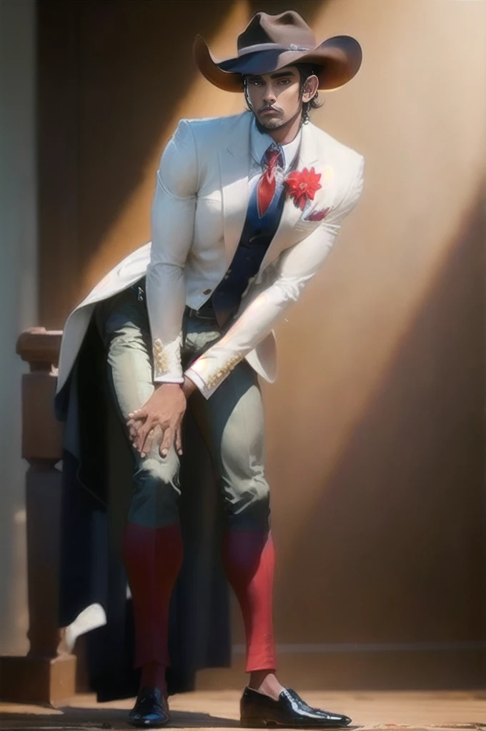 a man, full body portrait, wearing a hat, cow boy style, standing, (leaning forward:1.2), masterpiece, highly detailed, intrincate, sharp focus, smart, handsom, blur background, studio lighting, dark hair, tie, white shirt, smart jacket, red flower on the lapel
