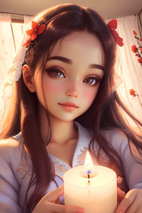 a lovely closeup portrait with bright tone of a dreamy miss with serene face details, and clear eyes wearing an embroidered pajama at a cozy candle lit bedroom by Irakli Nadar