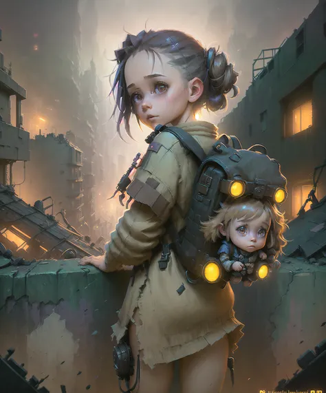 <lora:inkpunkDiffusion_Lora300:1>, <lora:epiNoiseoffset_v2:1>, portrait of a beautiful little girl is looking back over her shoulder, wearing a backpack, holding a rag doll in her hand, dystopian city in ruins, rim lighting, by Greg Rutkowski and Thomas Kinkade, sharp focus, 4k, 8k, trending on artstation