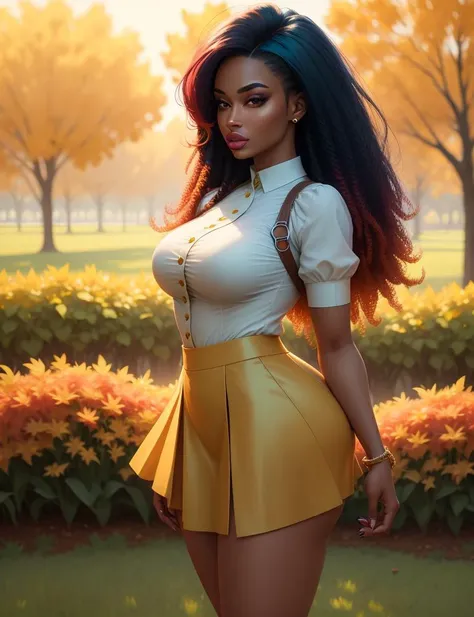 Megan Thee Stallion at the autumn colorful park, wearing a flared short skirt and blouse, taken from the side, best quality masterpiece, photorealistic, detailed, 8k, HDR, shallow depth of field, broad light, high contrast, backlighting, bloom, light sparkles, chromatic aberration, sharp focus, RAW color photo, golden hour, green grass