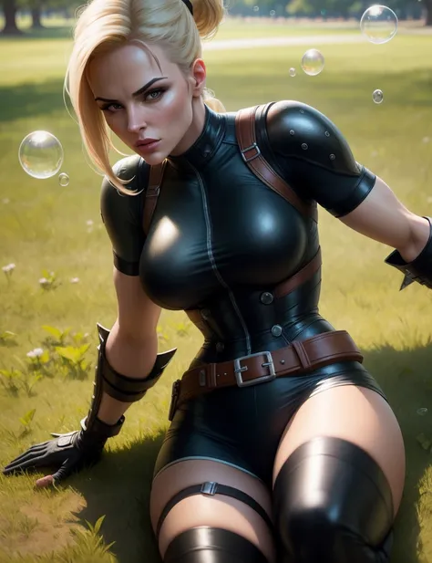 Sonya Blade lying on the grass and blowing bubbles in the park, Mortal Kombat, best quality masterpiece, photorealistic, detailed, 8k, HDR, shallow depth of field, broad light, high contrast, backlighting, bloom, chromatic aberration, sharp focus, RAW color photo