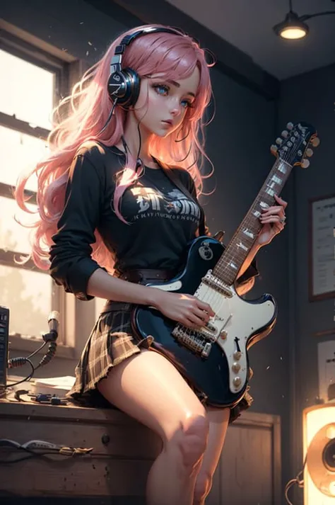 1girl, ((cinematic light)), colorful, hyper detail, dramatic light, intricate details, best quality, (extremely detailed CG unity 8k wallpaper, masterpiece, best quality, ultra-detailed, best shadow), (detailed background:1.4), (beautiful detailed face, beautiful detailed eyes), High contrast, (best illumination, an extremely delicate and beautiful),(girl:1.5), solo, black skirt, blue eyes, electric guitar, guitar, headphones, holding, holding plectrum, instrument, long hair, music, one side up, pink hair, playing guiter, pleated skirt, black shirt, indoors ((caustic)), dynamic angle,beautiful detailed glow,full body, cowboy shot,