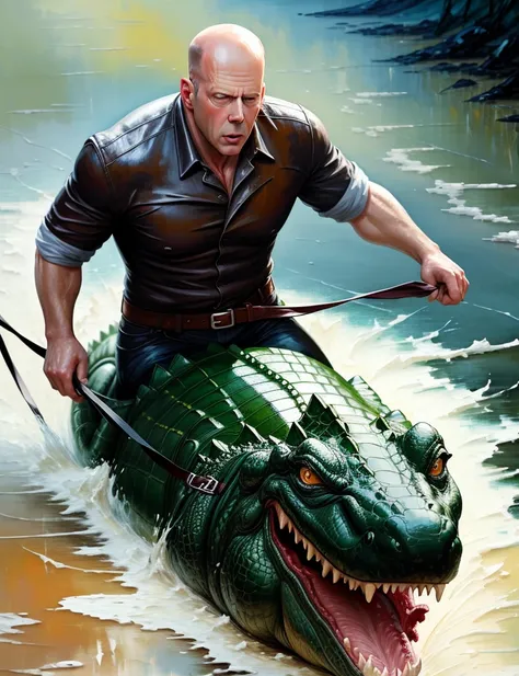 ((heavy strokes))+++  Bruce Willis riding a crocodile, palette knife painting, painted in impressionist style, brushstroke painting technique, large strokes, heavy strokes, paint dripping, oil painting,