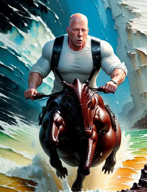 ((heavy strokes))+++ Bruce Willis riding a crocodile, palette knife painting, painted in impressionist style, brushstroke painting technique, large strokes, heavy strokes, paint dripping, oil painting,