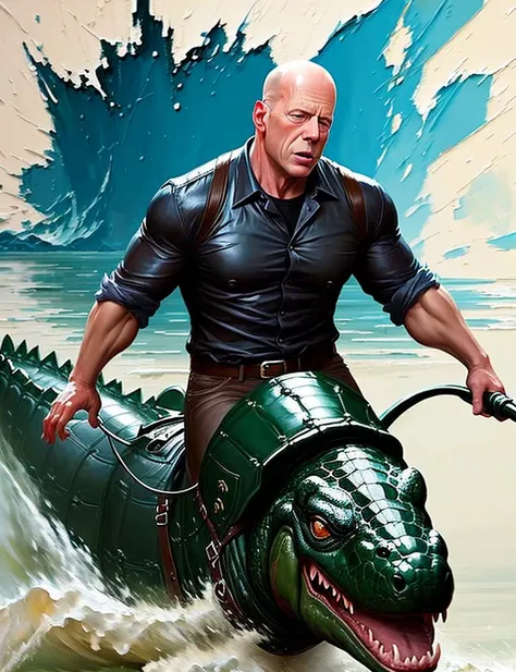 ((heavy strokes))+++ Bruce Willis riding a crocodile, palette knife painting, painted in impressionist style, brushstroke painting technique, large strokes, heavy strokes, paint dripping, oil painting,
