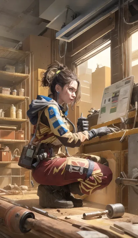 masterpiece, best quality, ultra-detailed, illustration, 1girl, solo, shiny, reflective, latex, work suit, voluptuous, body, squatting, detailed, work shoes, messy, workshop, industrial, high heels, black, red, silver, metallic, gloves, goggles, protective, equipment, machinery, tools, sparks, dirt, grime, oil, stains, sweat, exhaust, pipes, gauges, dials, buttons, levers, cables, wires, hydraulic, systems, hydraulic press, crane, pulley, welding, torch, grinder, drill, saw, hammer, screwdriver, wrench, pliers, spanner, toolbox, fire extinguisher, first aid kit, ventilation, ducts, light fixtures, emergency exit, warning signs, caution tape, posters, calendar, coffee mug, dirty, workbench, storage, shelves, bins, lockers, hard hat, safety vest, ear muffs, face shield, respirator, smoke, fumes, debris, concrete floor, concrete walls, metal beams, rivets, bolts, screws, nuts, washers, chains, ropes, hooks, clamps, magnets, bearings, lubricants, fluids, solvents, adhesives, lubrication, maintenance, repair, overhaul, upgrade, installation, assembly, fabrication, customization, prototype, research, development, testing, quality control, inspection, certification, compliance, regulation, standard, efficiency, productivity, innovation, excellence, satisfaction, teamwork, dedication, professionalism, empowerment, diversity, equality, respect, safety culture, industrial fashion, sci-fi, cyberpunk, dystopian