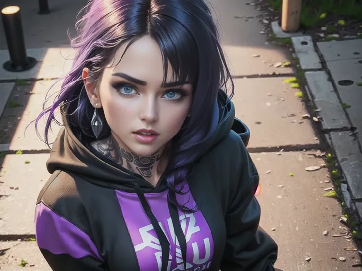 ((best quality)), ((masterpiece)), ((realistic)), (detailed), (1 girl) women, black hoodie, arm tattoo, long hair, bangs, small breasts, big green eyes,  (looking at viewer:1.2), (high angle shot:1.3), (nose piercing:1.3), purple hair, detailed background, in the park, portrait, hood on head, seductive look, night, close up, close mouth, dim lights, 8k uhd, realistic, Nikon z9, raytracing, focus face, (sharpness:2.0),