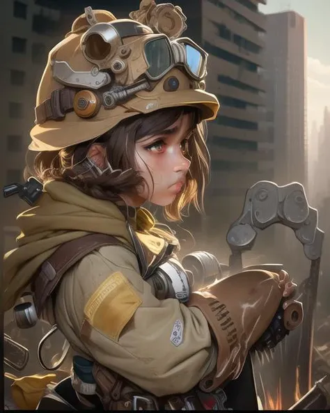 realistic, brown and grey work clothes, sad eyes, tough girl, brown eyes, city full of ruins