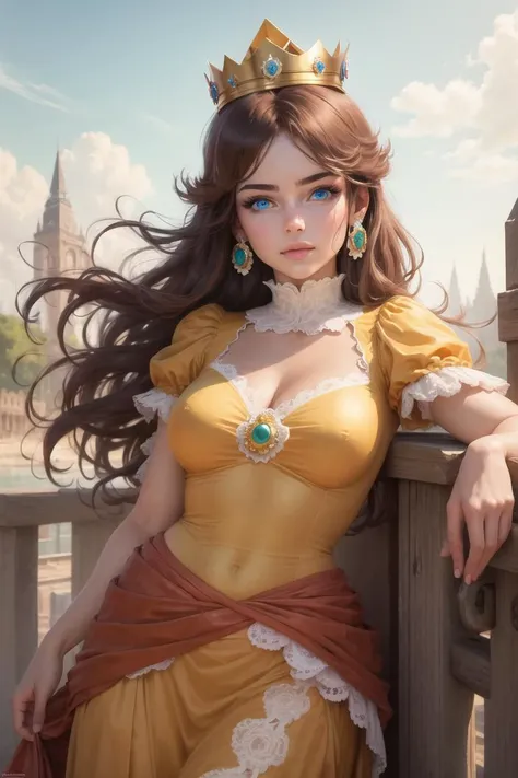 ((best quality)), ((masterpiece)), (detailed), realistic, 1girl, beautiful face, blue eyes, glowing blue eyes, orange dress, looking at viewer, outdoors, simple background, crown, standing, upper body, <lora:princessDaisyCharacter_v10:0.8>