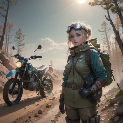 masterpiece, best quality, ultra-detailed, illustration, ranger, motorbike, traveler, dirtbike, roughneck, girl, solo, muscle, tone, robot legs, goggles, wilderness, future, cyberpunk, forest, nowhere, hiking, alien planet, nuclear, wasteland, fallout, Chernobyl, sexy, rain, rocks, dirt, mud, sand, sun, heat, extreme, elements, rough and tumble, rope, tow, stuck, hitchiking, desert, highway, dirt road, survivalist, beautiful girl,
