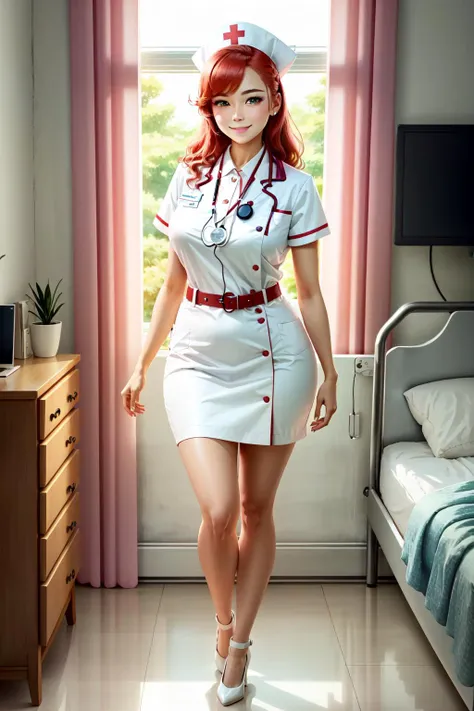 ((best quality)), ((masterpiece)), ((realistic)), (detailed), 1girl, solo, nurse, red hair, blue eyes, voluptuous, large breasts, wearing stethoscope, red cross emblem, white nurse cap, white stockings, white high heels, standing, in a hospital room with medical equipment in the background, gentle and caring expression, pink blush on cheeks, soft lighting, happy smile, anime style