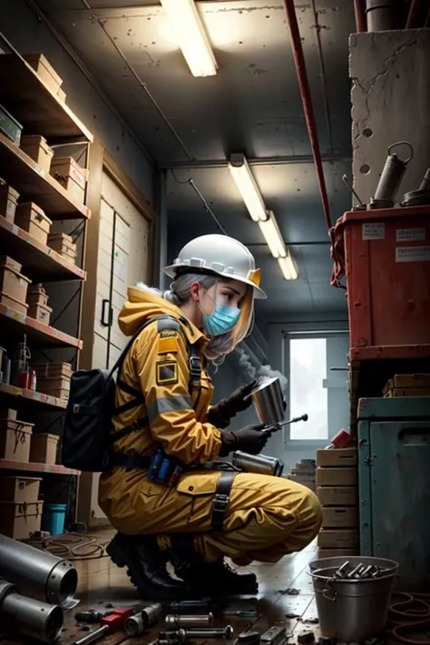 ((best quality)), ((masterpiece)), ((realistic)), (detailed), 1girl, solo, shiny, reflective, latex, work suit, voluptuous, body, squatting, detailed, work shoes, messy, workshop, industrial, high heels, black, red, silver, metallic, gloves, goggles, protective, equipment, machinery, tools, sparks, dirt, grime, oil, stains, sweat, exhaust, pipes, gauges, dials, buttons, levers, cables, wires, hydraulic, systems, hydraulic press, crane, pulley, welding, torch, grinder, drill, saw, hammer, screwdriver, wrench, pliers, spanner, toolbox, fire extinguisher, first aid kit, ventilation, ducts, light fixtures, emergency exit, warning signs, caution tape, posters, calendar, coffee mug, dirty, workbench, storage, shelves, bins, lockers, hard hat, safety vest, ear muffs, face shield, respirator, smoke, fumes, debris, concrete floor, concrete walls, metal beams, rivets, bolts, screws, nuts, washers, chains, ropes, hooks, clamps, magnets, bearings, lubricants, fluids, solvents, adhesives, lubrication, maintenance, repair, overhaul, upgrade, installation, assembly, fabrication, customization, prototype, research, development, testing, quality control, inspection, certification, compliance, regulation, standard, efficiency, productivity, innovation, excellence, satisfaction, teamwork, dedication, professionalism, empowerment, diversity, equality, respect, safety culture, industrial fashion, sci-fi, cyberpunk, dystopian