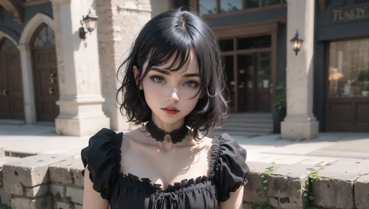 (8k, RAW photo, best quality, masterpiece), ultra high res, (realistic, photo-realistic), 1girl,  emotionless, solo, black hair, blue eyes, professional lighting, detailed lighting, backlighting, depth of field, natural lighting, hard focus, two-meter shooting distance, professional photoshoot, detailed eyes, realistic eyes, detailed shadow, game cg, cosplay, gaia \(ff14\),  <lora:liyuuLora_liyuuV1:0.4>, black dress with ruffles and frills, strapless, upper body, black clothes, dark red lipstick, outdoors, old city, wood and stone building,