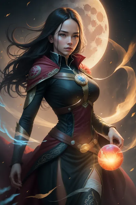 sfw, [fantasy], watercolor illustration, Full Shot, of pretty Eurasian moon princess, holding arcane orb, in astral plane, (fully clothed:1.2), toned physique, perfect large round breasts, toned medium ass, perfect hands and limbs, (detailed skin, diffused skin pores), ethereal, maximum detail, maximum quality, (bloom:0.5), raytracing, specular lighting, shallow depth of field, smooth, cinematic film still from Doctor Strange, [Arcane Fantasy:12]