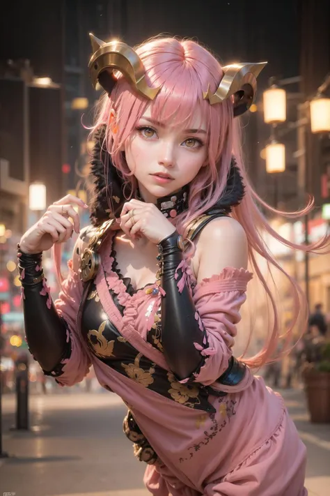 (8k, RAW photo, best quality, masterpiece), ultra high res, (realistic, photo-realistic), 1girl, emotionless, solo, pink hair, yellow eyes, professional lighting, detailed lighting, backlighting, depth of field, natural lighting, hard focus, two-meter shooting distance, professional photoshoot, detailed eyes, realistic eyes, detailed shadow, game cg, cosplay, <lora:liyuuLora_liyuuV1:0.4>, pink clothes with arm ring, strapless, upper body, pink clothes, outdoors, crown,