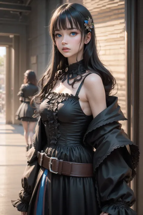 (8k, RAW photo, best quality, masterpiece), ultra high res, (realistic, photo-realistic), 1girl, emotionless, solo, black hair, blue eyes, professional lighting, detailed lighting, backlighting, depth of field, natural lighting, hard focus, two-meter shooting distance, professional photoshoot, detailed eyes, realistic eyes, detailed shadow, game cg, cosplay, gaia \(ff14\), <lora:liyuuLora_liyuuV1:0.4>, black dress with ruffles and frills, strapless, upper body, black clothes