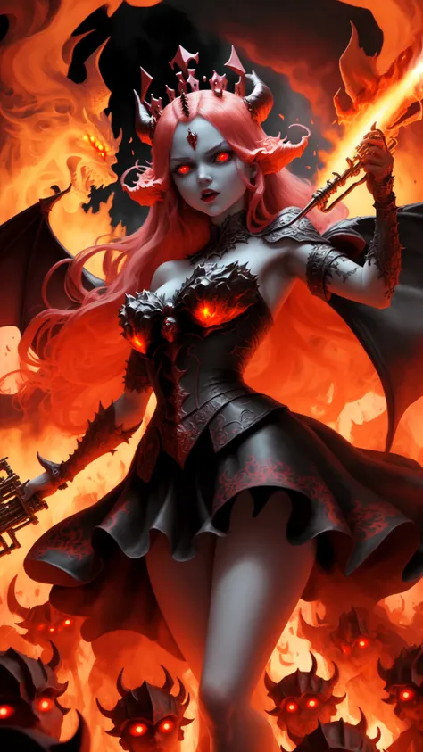 a demon princess floating above the hordes of hell, she commands the army with her mighty trumpet, she wears a crown covered in lava, her glowing red eyes are on fire, masterpiece, best quality, intricate detail, absurdres