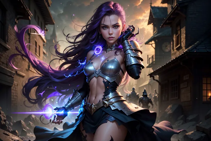 best quality, ultra high res, photorealistic, sfw, armored wizard, magical tattoos, apprentice, 1girl, looking at viewer, upper body, slender, small breasts, purple hair with white stripes, white croptop, (dark and moody universe:1.3), (elden ring style:1.3), (warhammer style:1.1), floating rocks, glowing pebbles, fiery dust, concept artist, global illumination, depth of field, gloomy, unsettling, splash art, art by artgerm and greg rutkowski and viktoria gavrilenko, scary smile, purple light, rule of the thirds