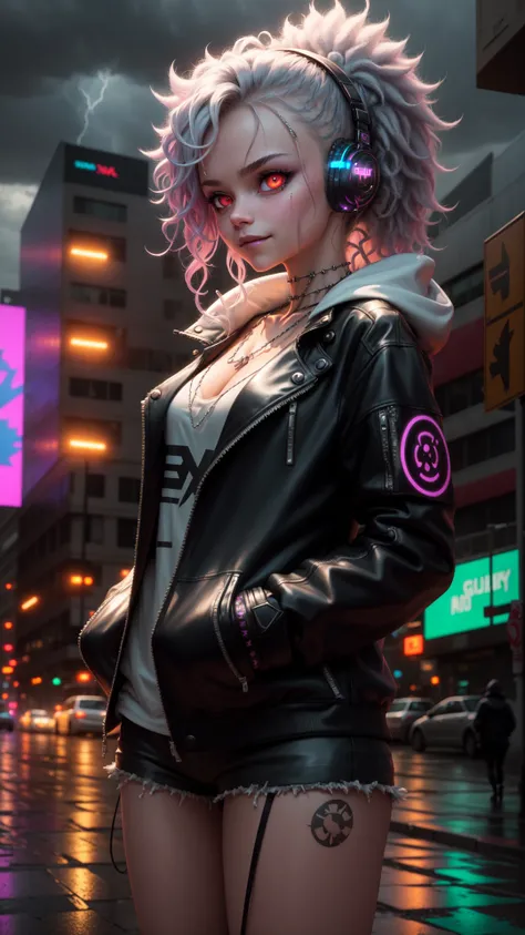 A highly detailed portrait of a solo 1girl standing on a street corner, during a rainstorm with lightning strikes and a cloudy sky, neon and cyberpunk background, she is wearing punk clothes with silver chains and silver spikes, she has a butterfly wing hairclip in her wild hair, she has headphones and a necktie on, petite, detailed glowing red eyes with distinct pupils, ominous aura Halo, smile, punk, cyberpunk, backlighting, masterpiece, best quality, intricate detail, absurdres